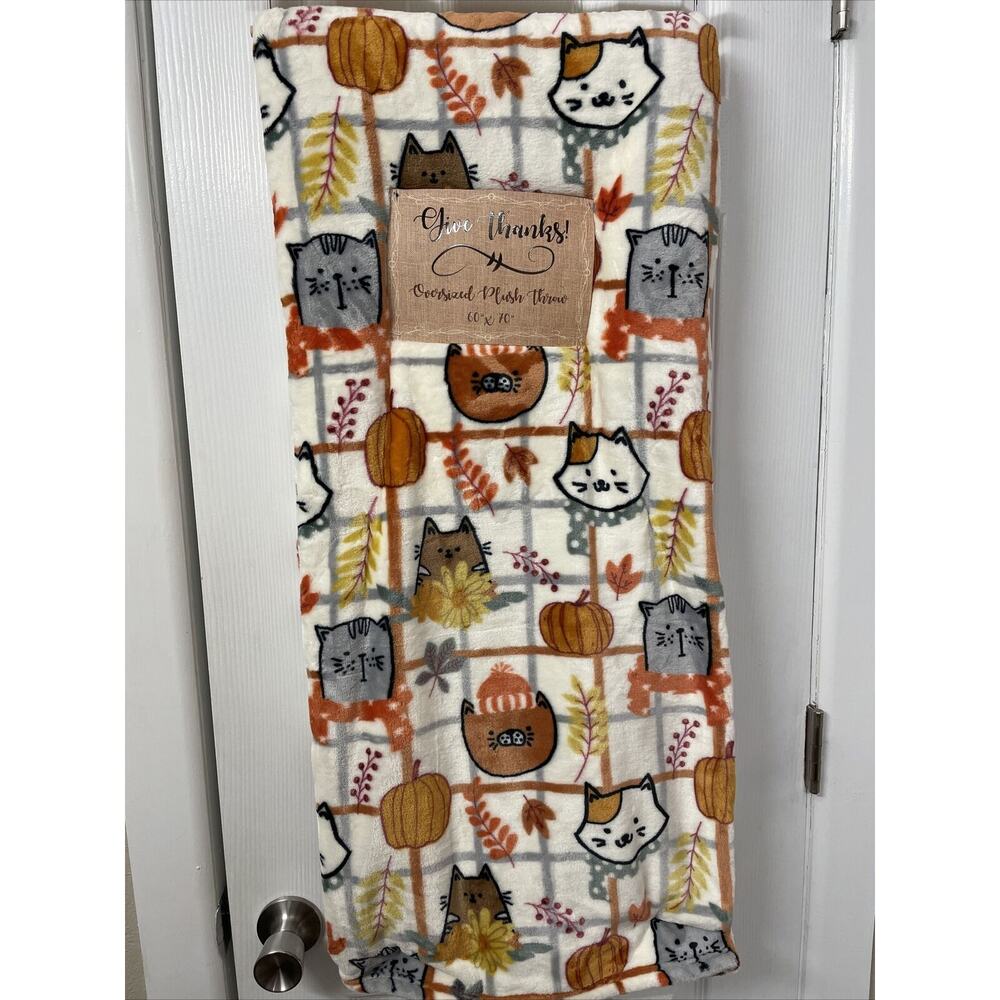CATS PUMPKINS SUNFLOWERS LEAVES BERRIES 60x70 Throw Blanket Harvest Fall Autumn